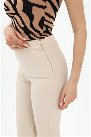 Yüksek Bel Gizli Fermuarlı İspanyol Paça Atlas Kumaş Pantolon - Taş