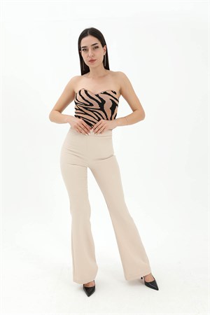 Yüksek Bel Gizli Fermuarlı İspanyol Paça Atlas Kumaş Pantolon - Taş