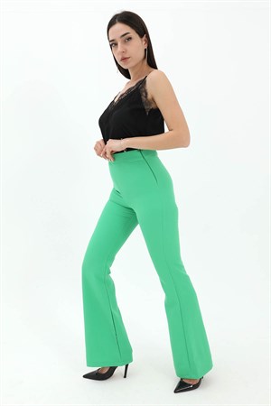 Yüksek Bel Gizli Fermuarlı İspanyol Paça Atlas Kumaş Pantolon - Yeşil