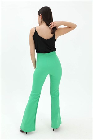 Yüksek Bel Gizli Fermuarlı İspanyol Paça Atlas Kumaş Pantolon - Yeşil