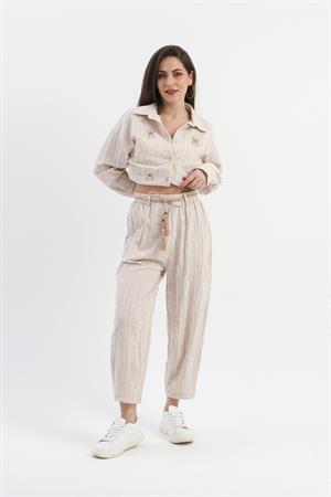Yüksek Bel Hasır Kemerli Cepli Keten Şalvar Pantolon - Bej