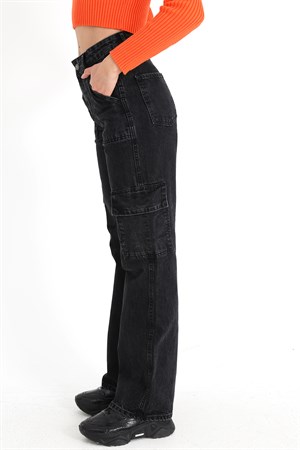 Yüksek Bel Kargo Cep Pantolon - Siyah