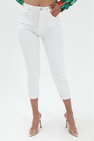 Yüksek Bel Likralı Mom Jeans - Beyaz