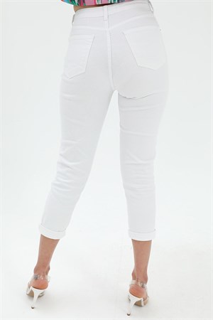 Yüksek Bel Likralı Mom Jeans - Beyaz