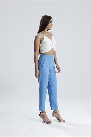 Yüksek Bel Pensli Atlas Kumaş Pantolon - Mavi