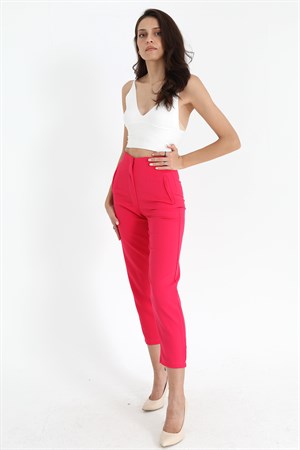 Yüksek Bel Pensli Atlas Kumaş Pantolon - Fuşya