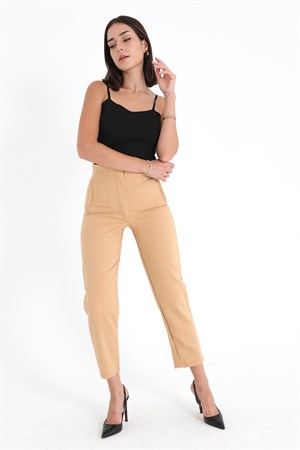 Yüksek Bel Pensli Atlas Kumaş Pantolon - Vizon