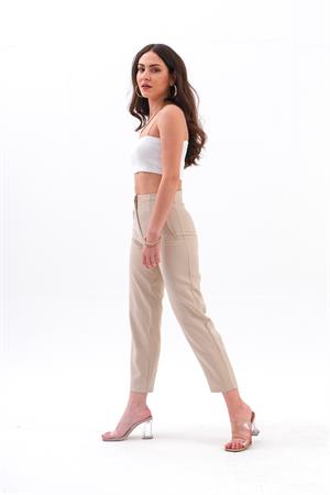 Yüksek Bel Pensli Atlas Kumaş Pantolon - Taş