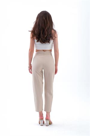 Yüksek Bel Pensli Atlas Kumaş Pantolon - Taş