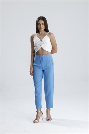 Yüksek Bel Pensli Atlas Kumaş Pantolon - Mavi