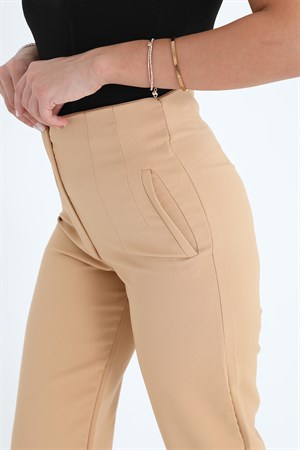 Yüksek Bel Pensli Atlas Kumaş Pantolon - Vizon