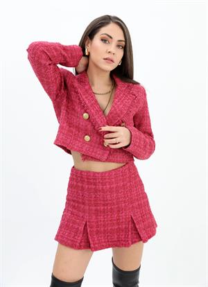 Yüksek Bel Yandan Fermuarlı Chanel Kumaş Şort Etek - Mürdüm