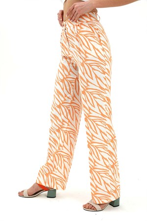 Zebra Desen Yüksek Bel Keten Pantolon - Turuncu