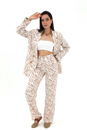 Zebra Desen Yüksek Bel Keten Pantolon - Bej