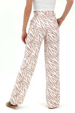 Zebra Desen Yüksek Bel Keten Pantolon - Bej