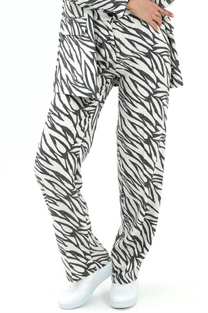 Zebra Desen Yüksek Bel Keten Pantolon - Siyah