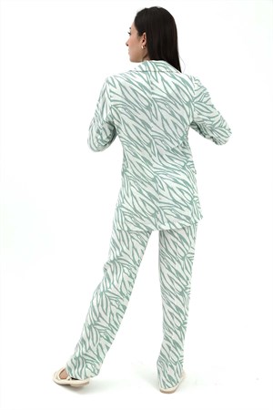Zebra Desen Yüksek Bel Keten Pantolon - Mint Yeşili
