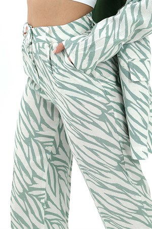 Zebra Desen Yüksek Bel Keten Pantolon - Mint Yeşili