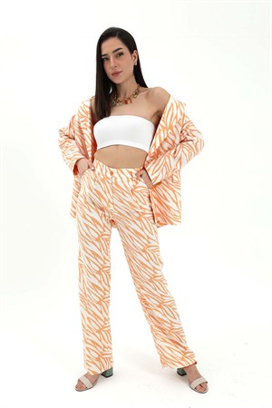 Zebra Desen Yüksek Bel Keten Pantolon - Turuncu