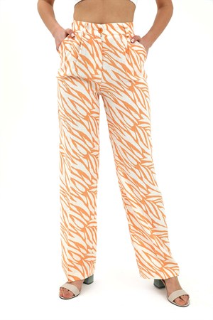 Zebra Desen Yüksek Bel Keten Pantolon - Turuncu