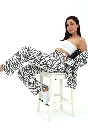Zebra Desen Yüksek Bel Keten Pantolon - Siyah