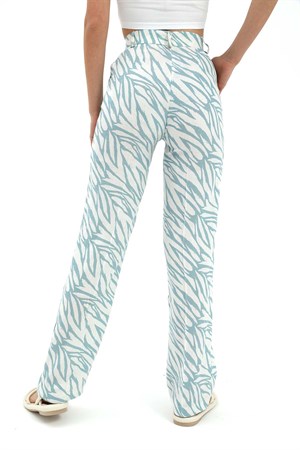 Zebra Desen Yüksek Bel Keten Pantolon - Mavi