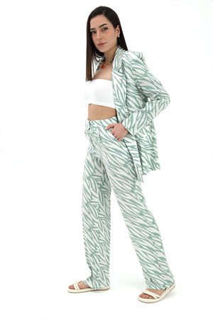 Zebra Desen Yüksek Bel Keten Pantolon - Mint Yeşili
