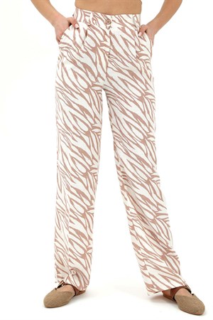 Zebra Desen Yüksek Bel Keten Pantolon - Bej