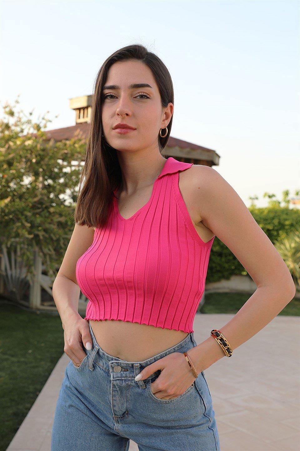 Atlet V Polo Yaka - Fuşya