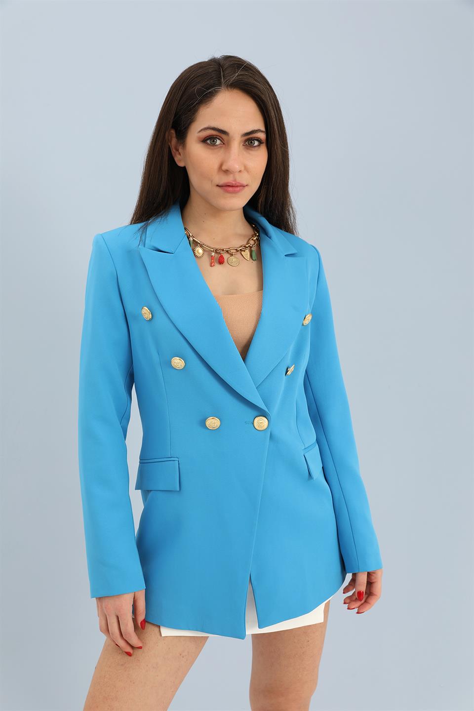 Blazer Fleto Cepli Atlas Kumaş Ceket - Mavi