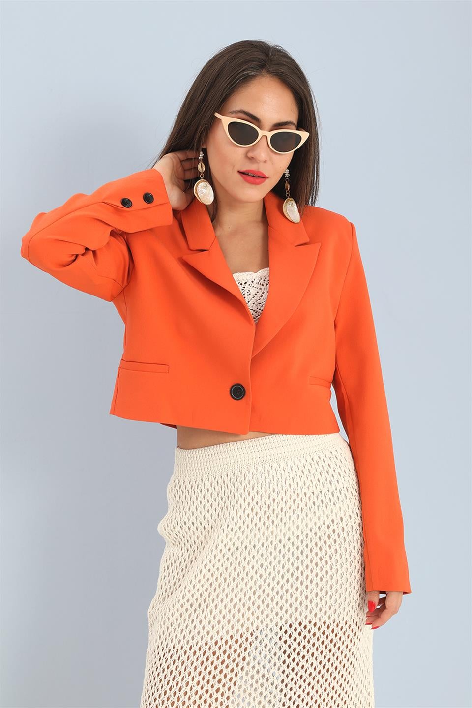 Çift Peto Cepli Kısa Crop Blazer Ceket - Turuncu