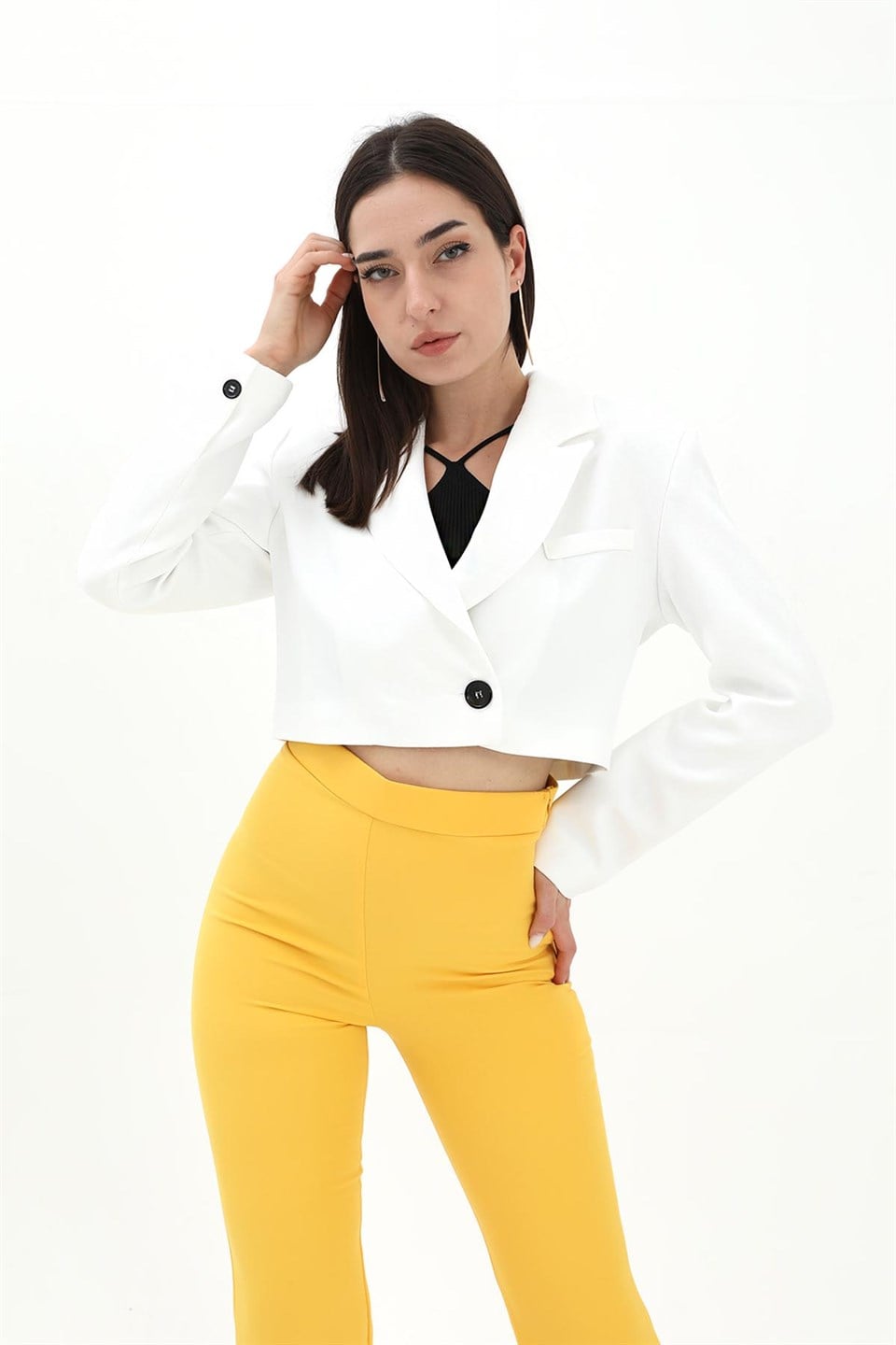 Crop Blazer Kısa Ceket - Ekru