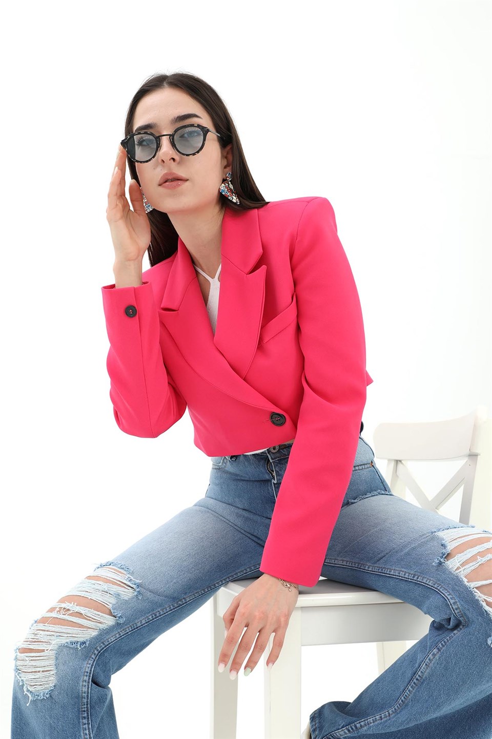 Crop Blazer Kısa Ceket - Fuşya