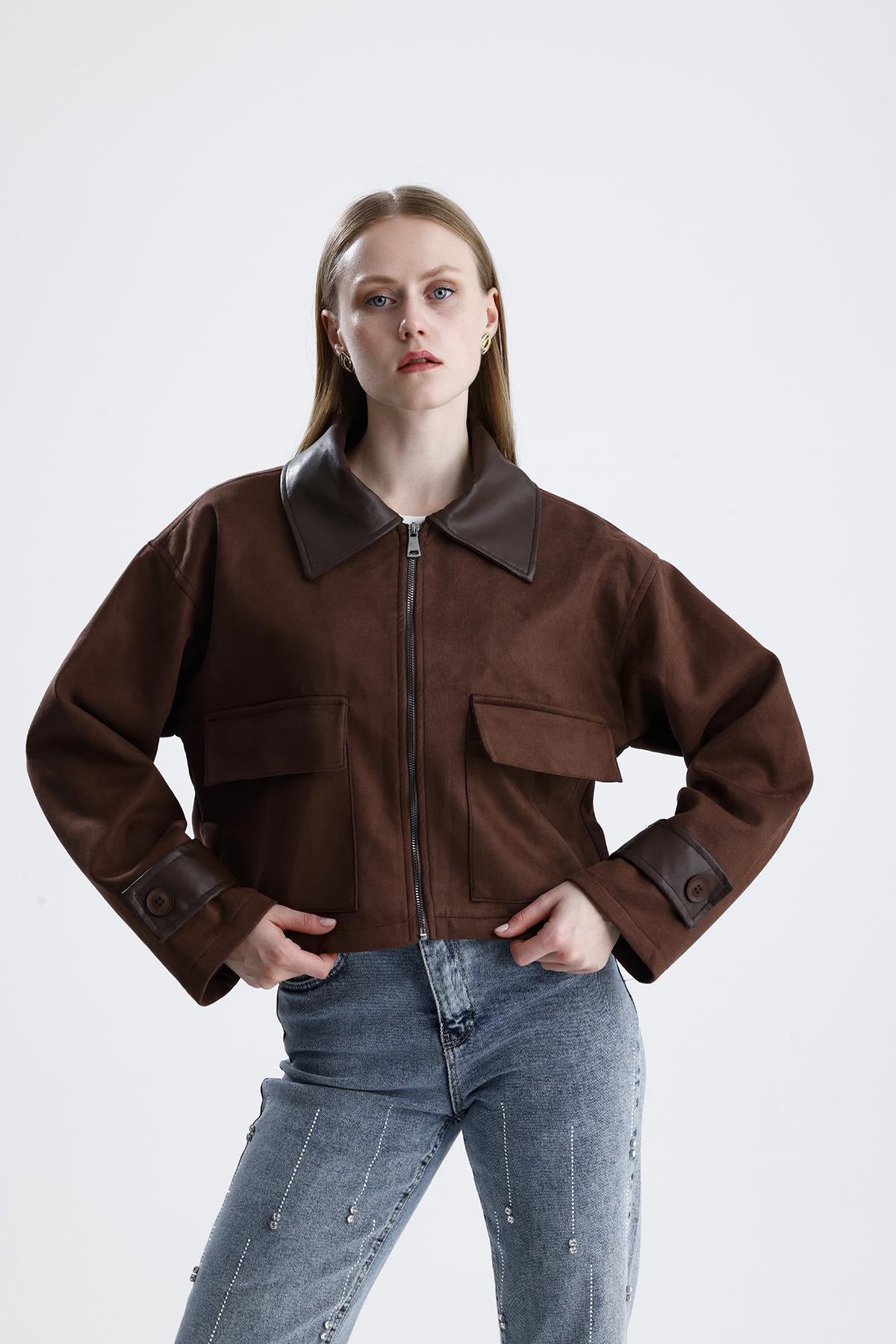 Deri Detaylı Fermuarlı Kısa Süet Ceket - Kahverengi