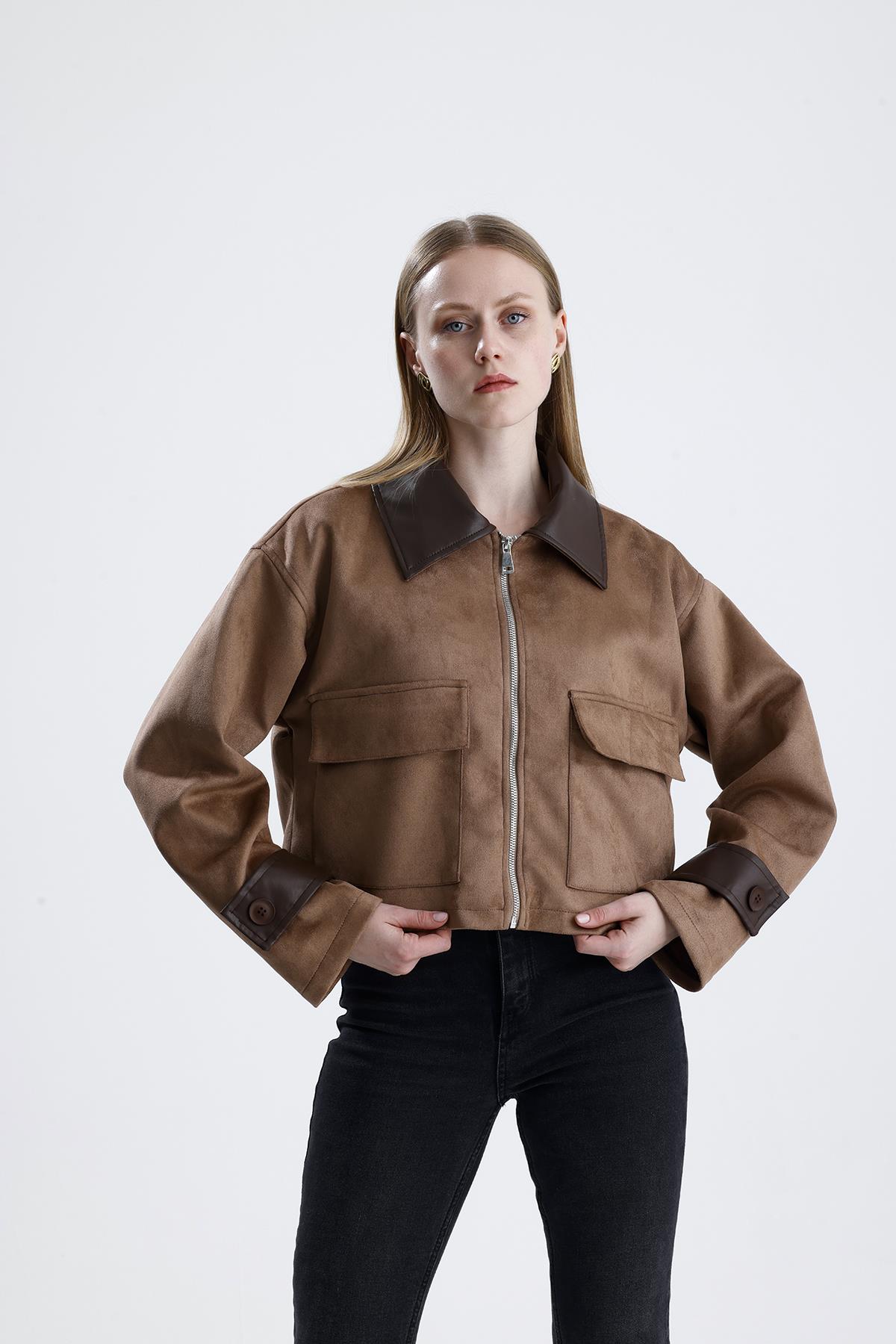 Deri Detaylı Fermuarlı Kısa Süet Ceket - Vizon