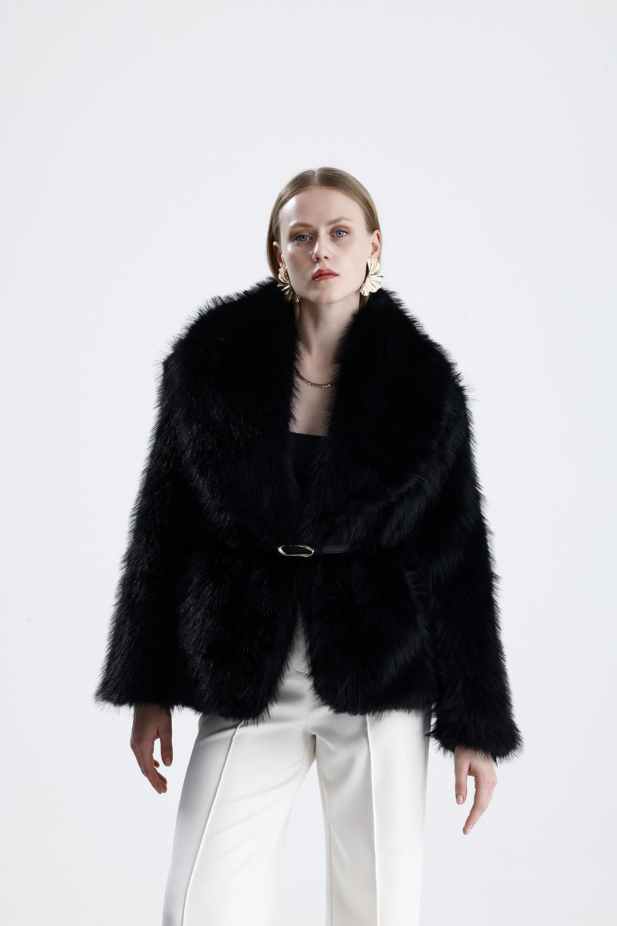 Deri Kemerli Kürk Kaban - Siyah