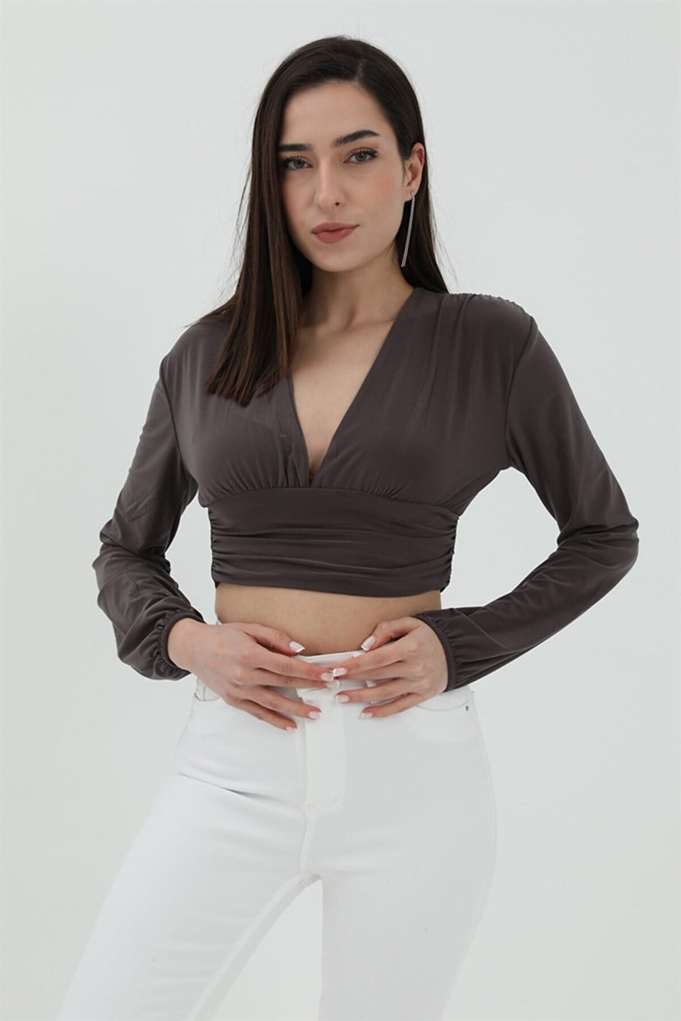 Derin V Yaka Crop Bluz - Antrasit