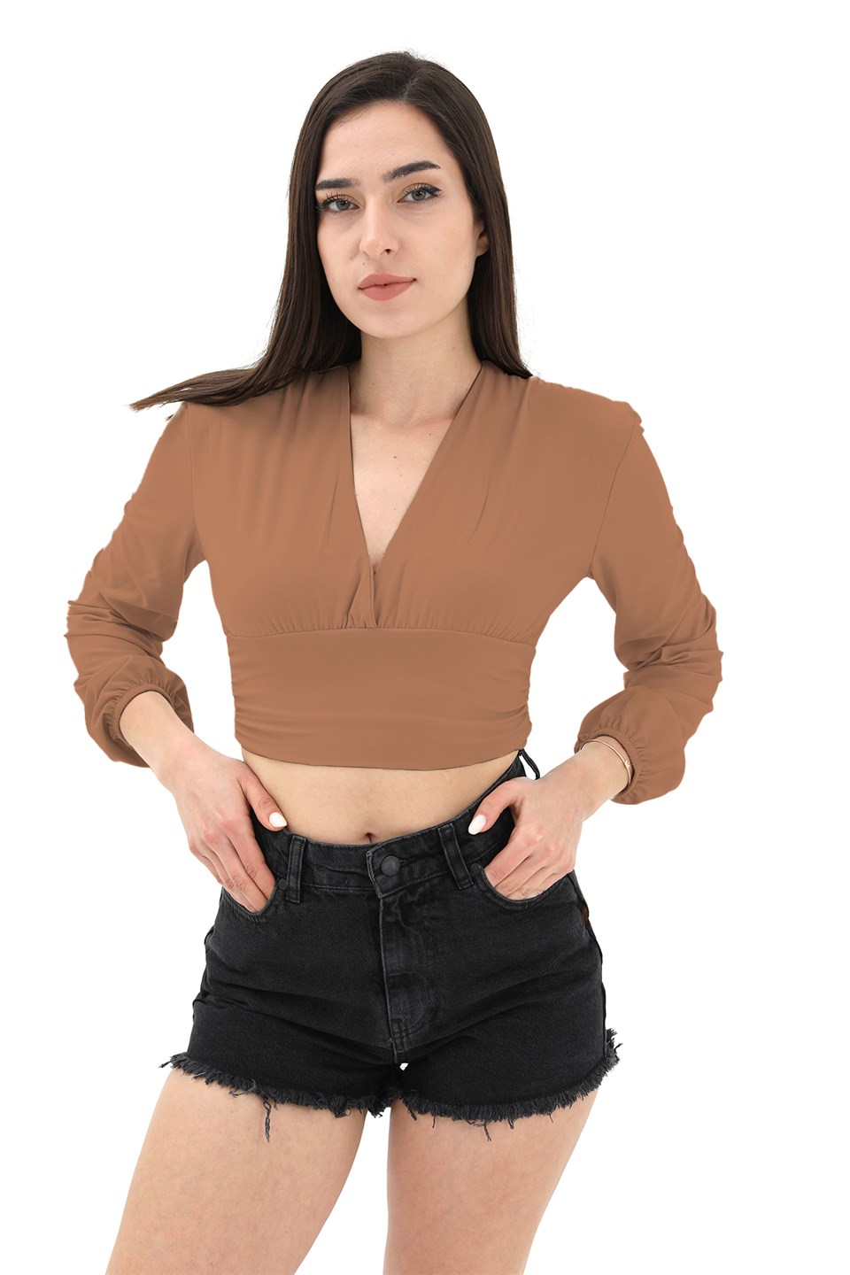 Derin V Yaka Crop Bluz - Kahverengi