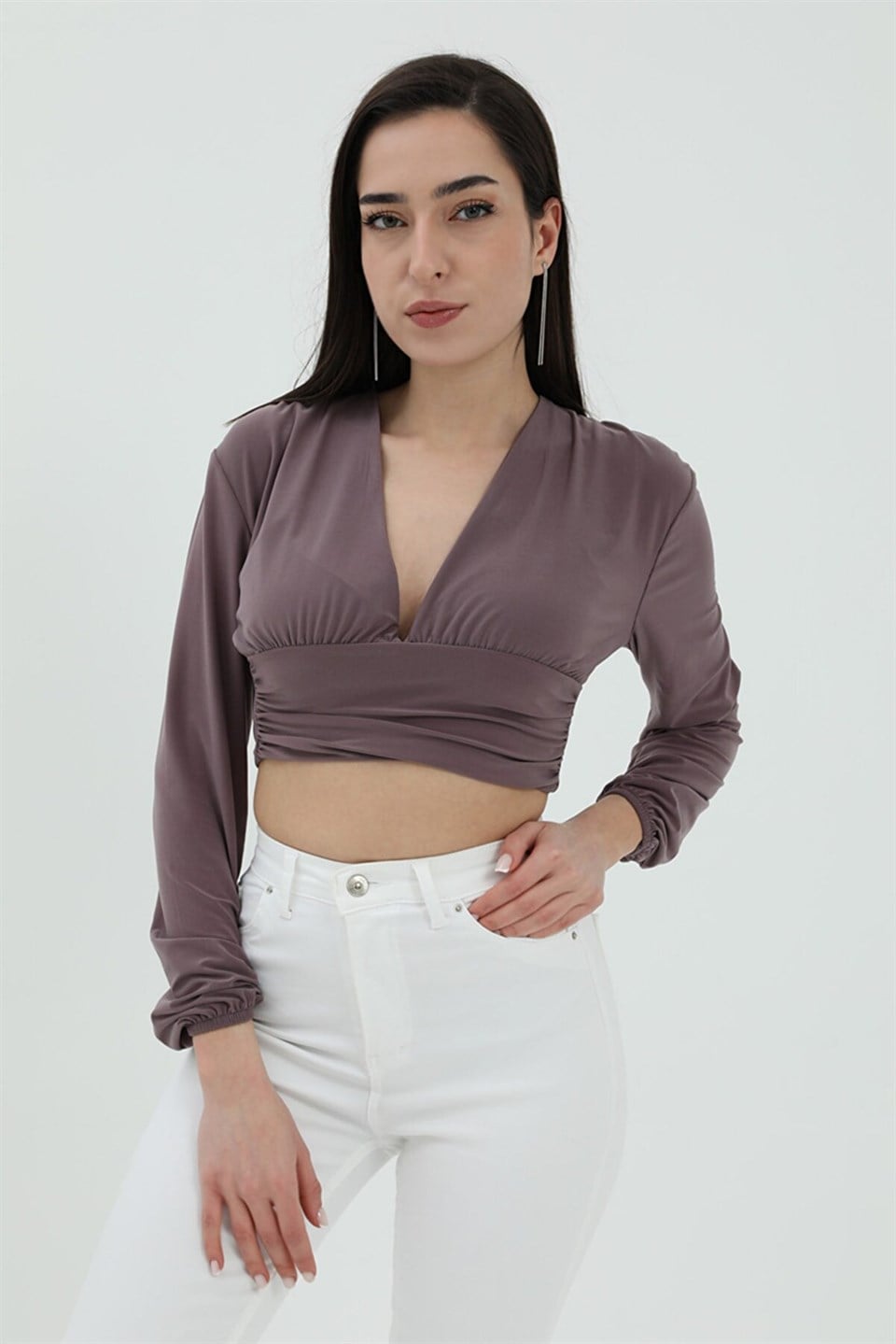 Derin V Yaka Crop Bluz - Mor