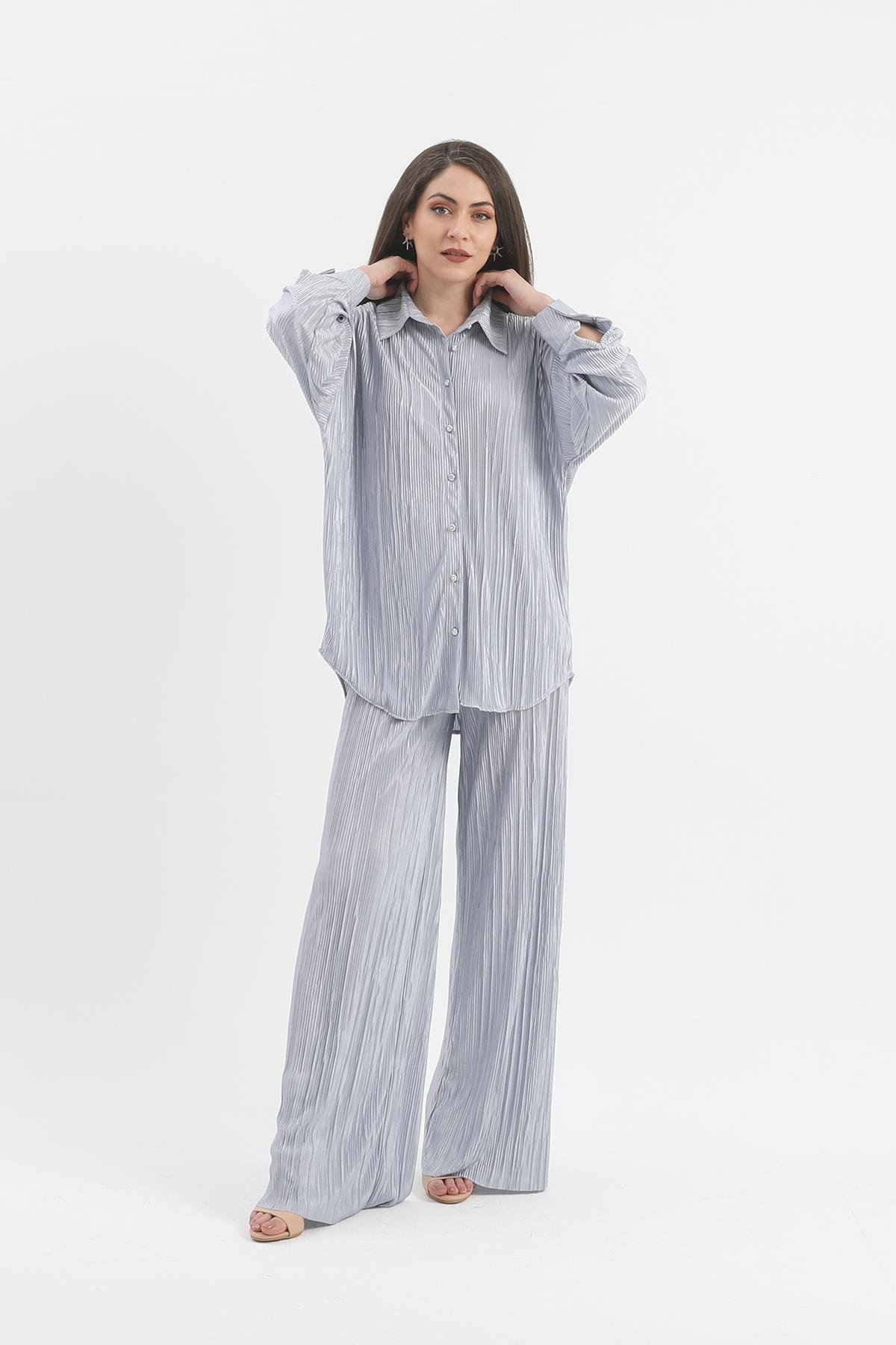 Düğme Detaylı Örme Pilise Takım - Gri