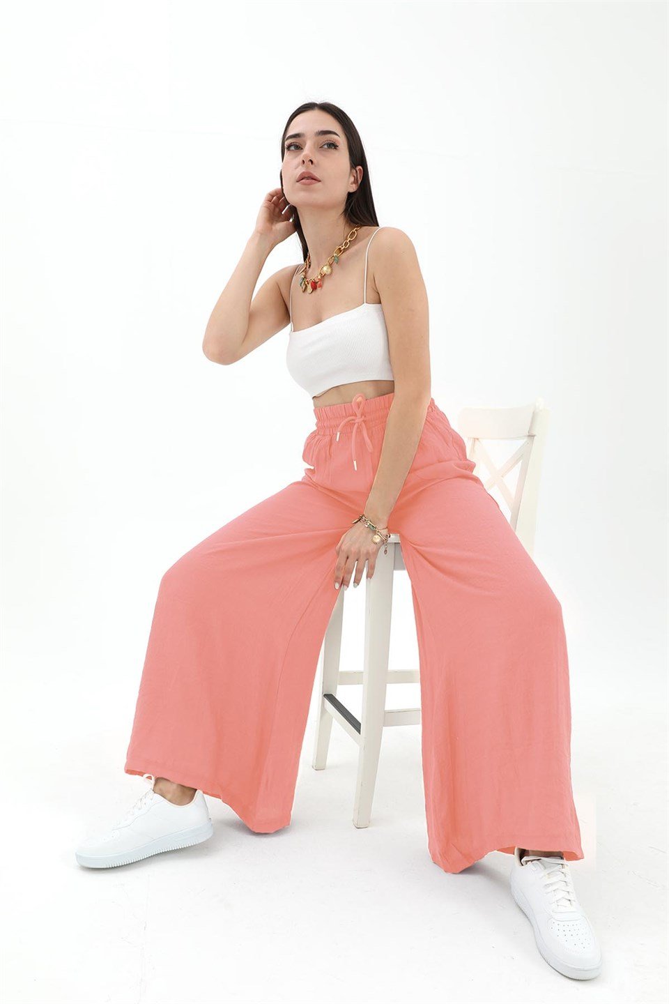 Geniş Kemerli Bol Paça Düz Keten Kadın Pantolon - Mercan