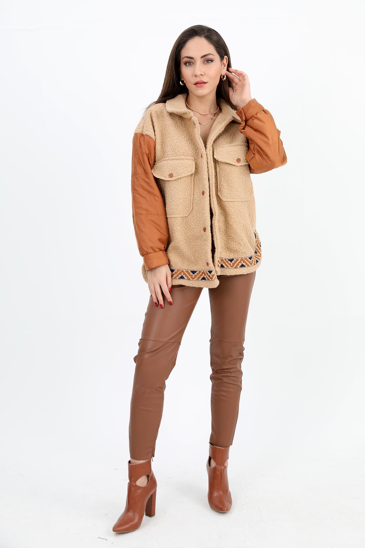 Gömlek Bergamo Kolları Kapitone Eteği Nakışlı - Bej