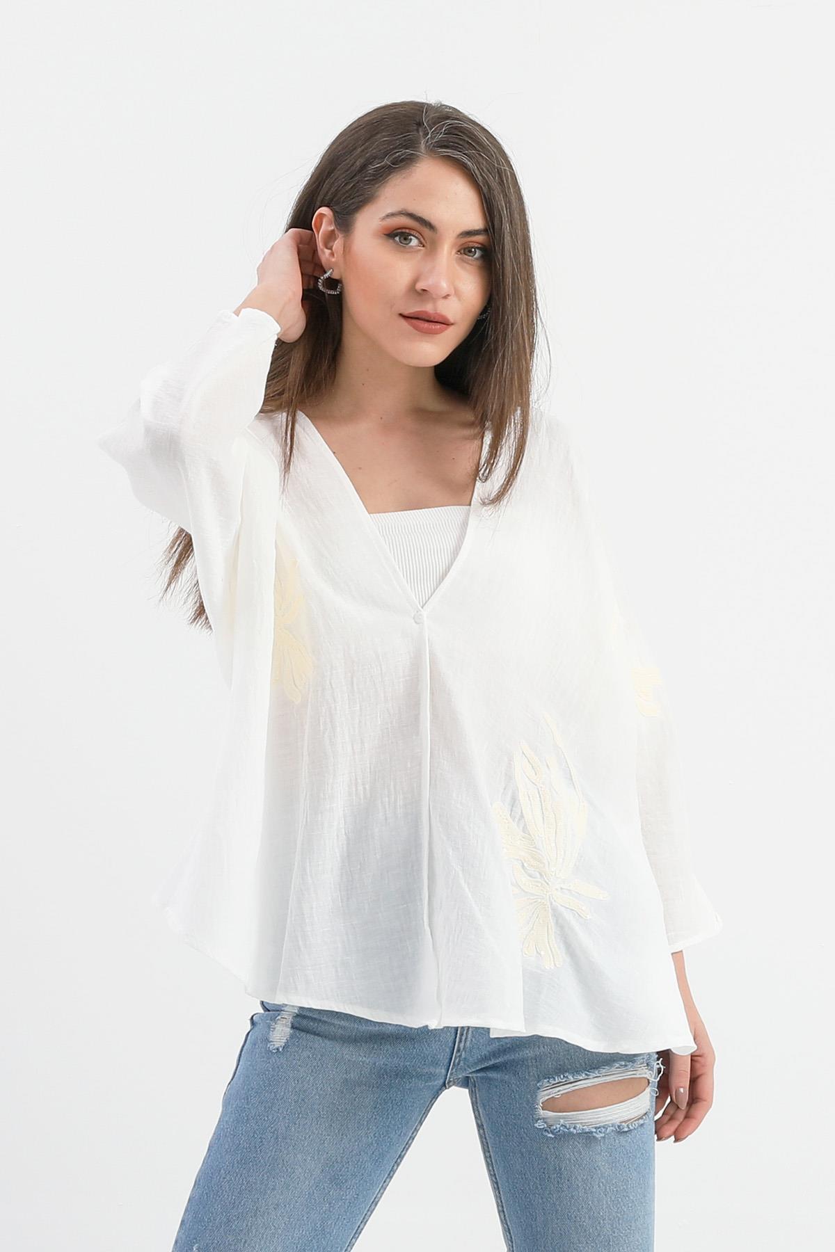 Keten Pul Payet Süzene Nakışlı Kimono - Ekru