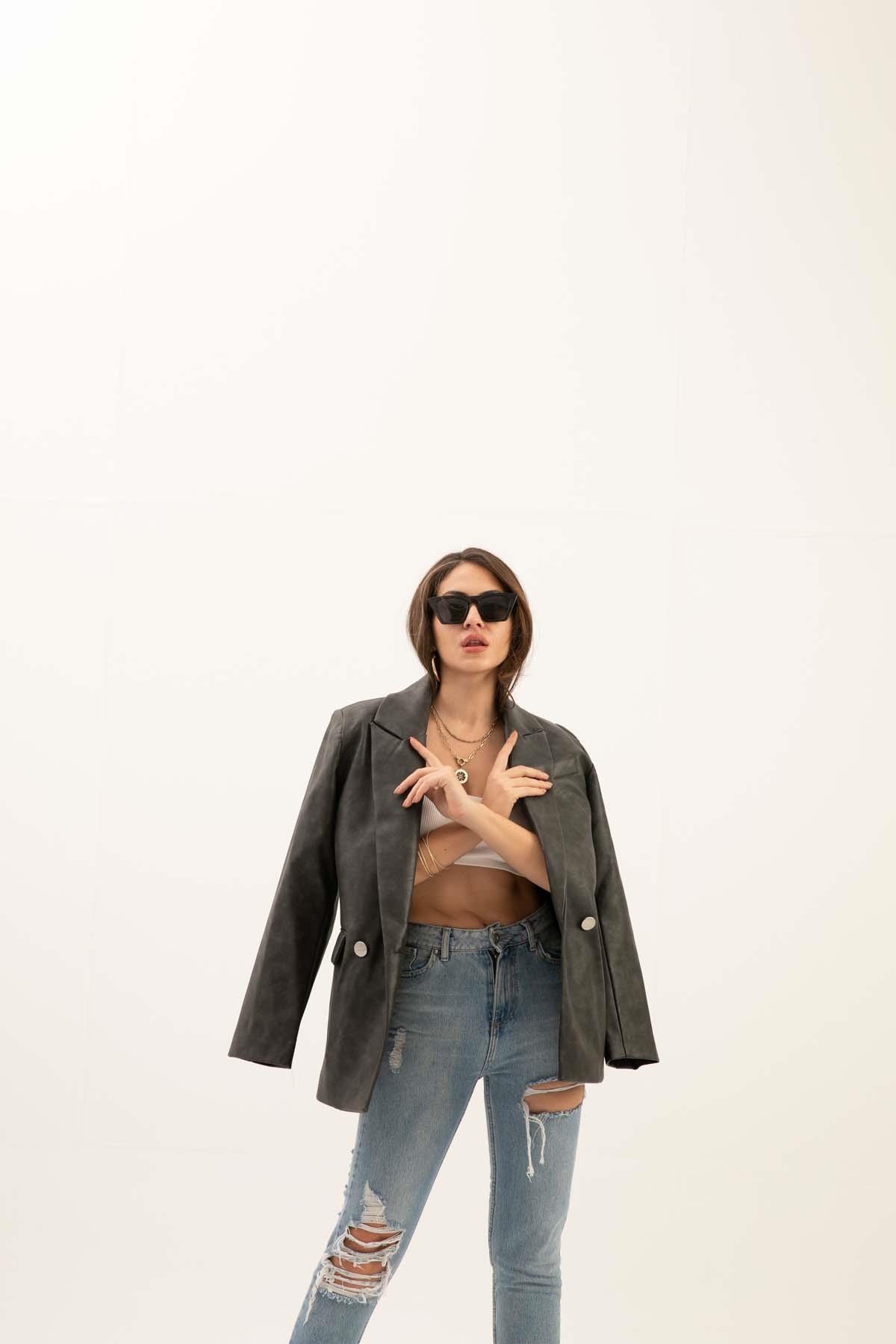 Kruvaze Yaka Çift Düğmeli Eskitme Desen Deri Ceket - Antrasit