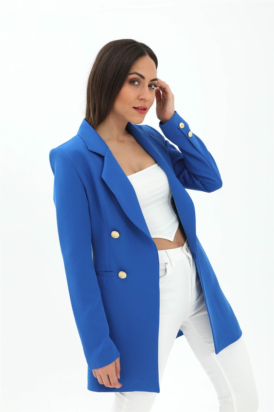Omuzları Vatkalı Önü Çıtçıtlı Atlas Kumaş Kadın Blazer Ceket - SaksMavisi