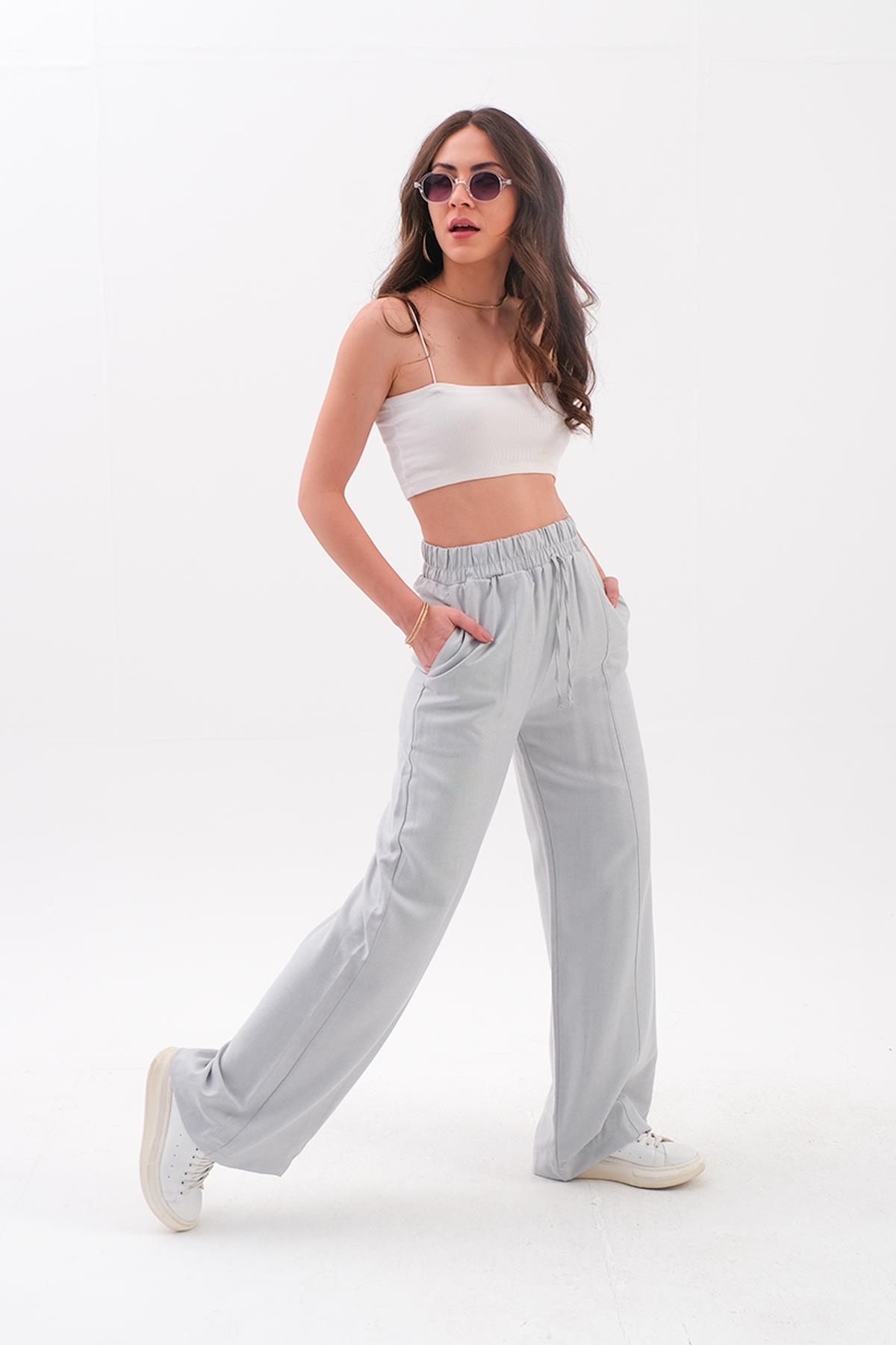 Önü Çimalı Diyagonal Pantolon - Gri