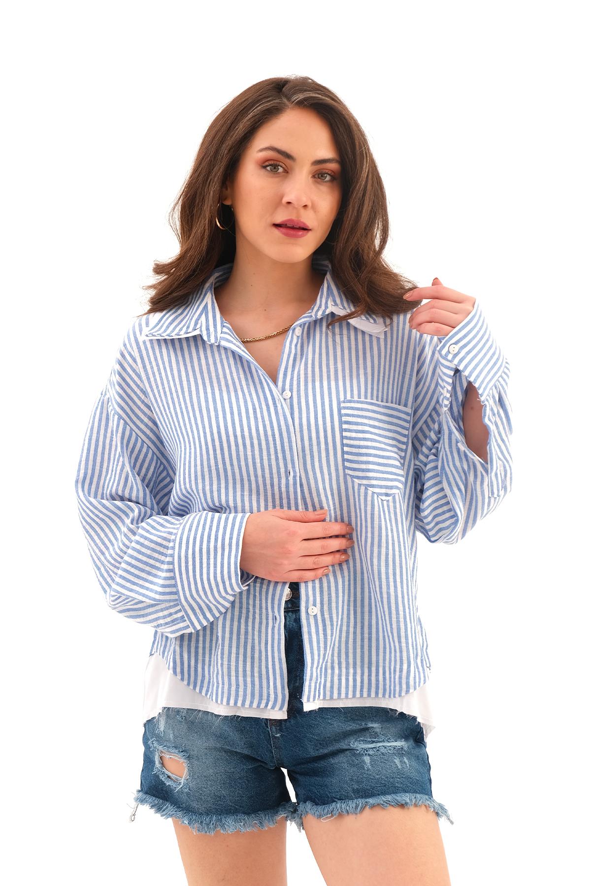 Poplin Garnili Çizgili Keten Gömlek - Mavi