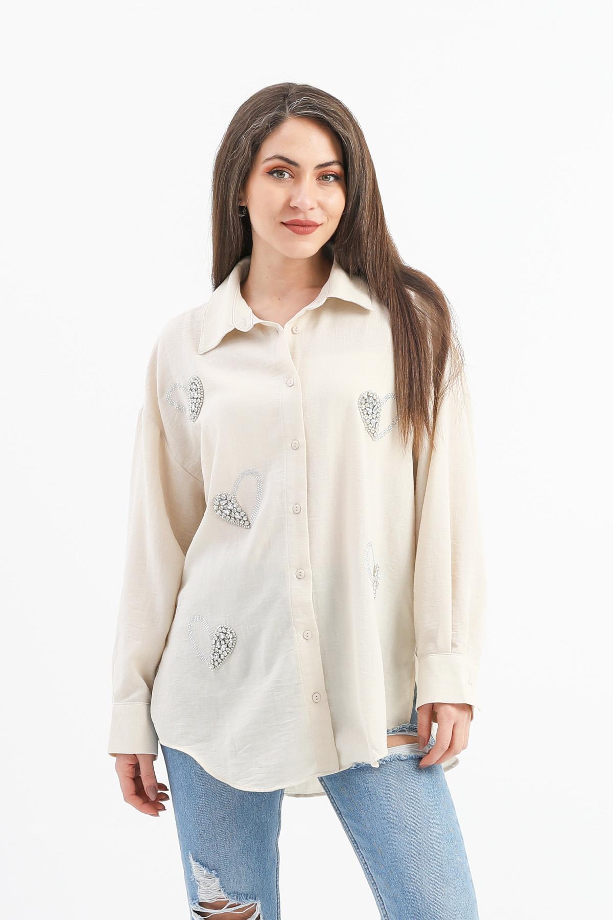 Taşlı Kalp İşlemeli Keten Gömlek - Bej