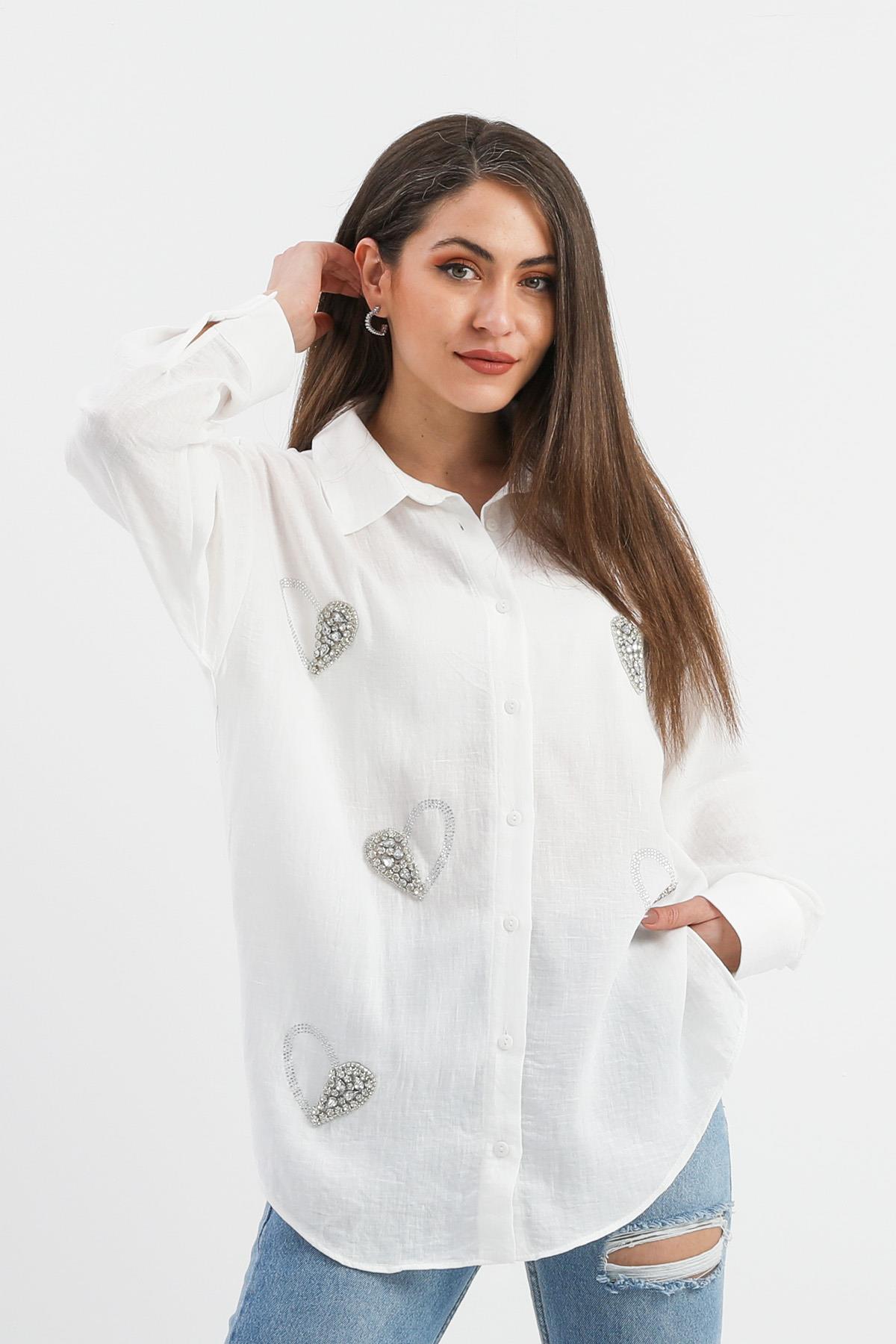 Taşlı Kalp İşlemeli Keten Gömlek - Ekru