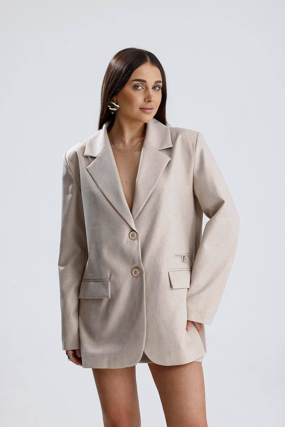 Üç Cepli Önü Düğmeli Oversize Blazer Ceket - Bej